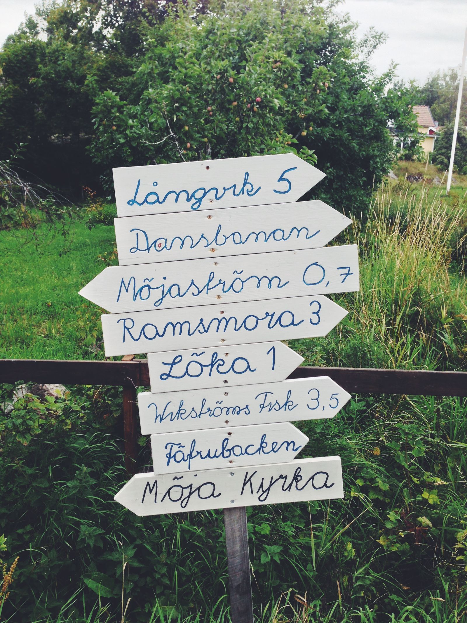 A white wooden signpost with hand-painted blue place names pointing both ways beside a fence, apple trees and long grass behind.