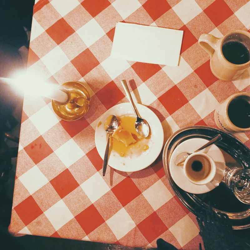 A cafe table from above with a red-and-white checked cloth, espresso cups, a finished dessert plate with crossed spoons and a lit candle.