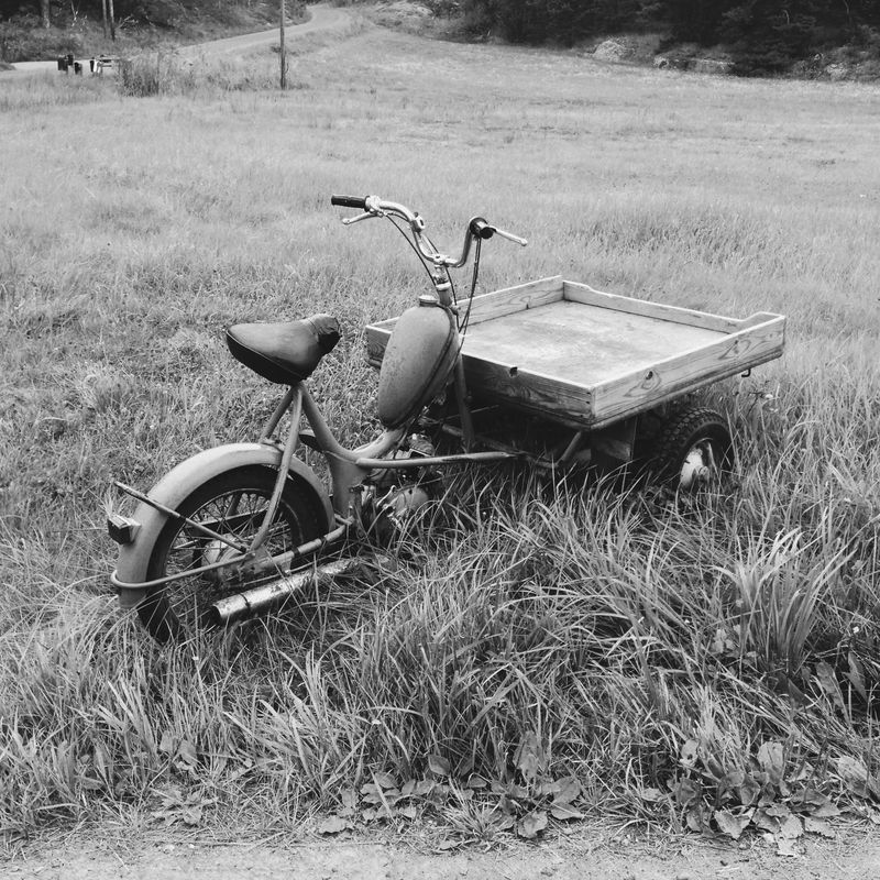 Black and white: an old three-wheeled delivery moped with a wooden flatbed, left standing in long grass at the edge of a field.
