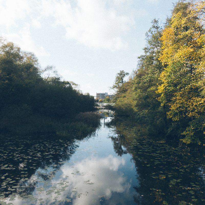 A still canal reflecting cloud and sky, its banks thick with autumn trees and a pale building closing the view at the far end.